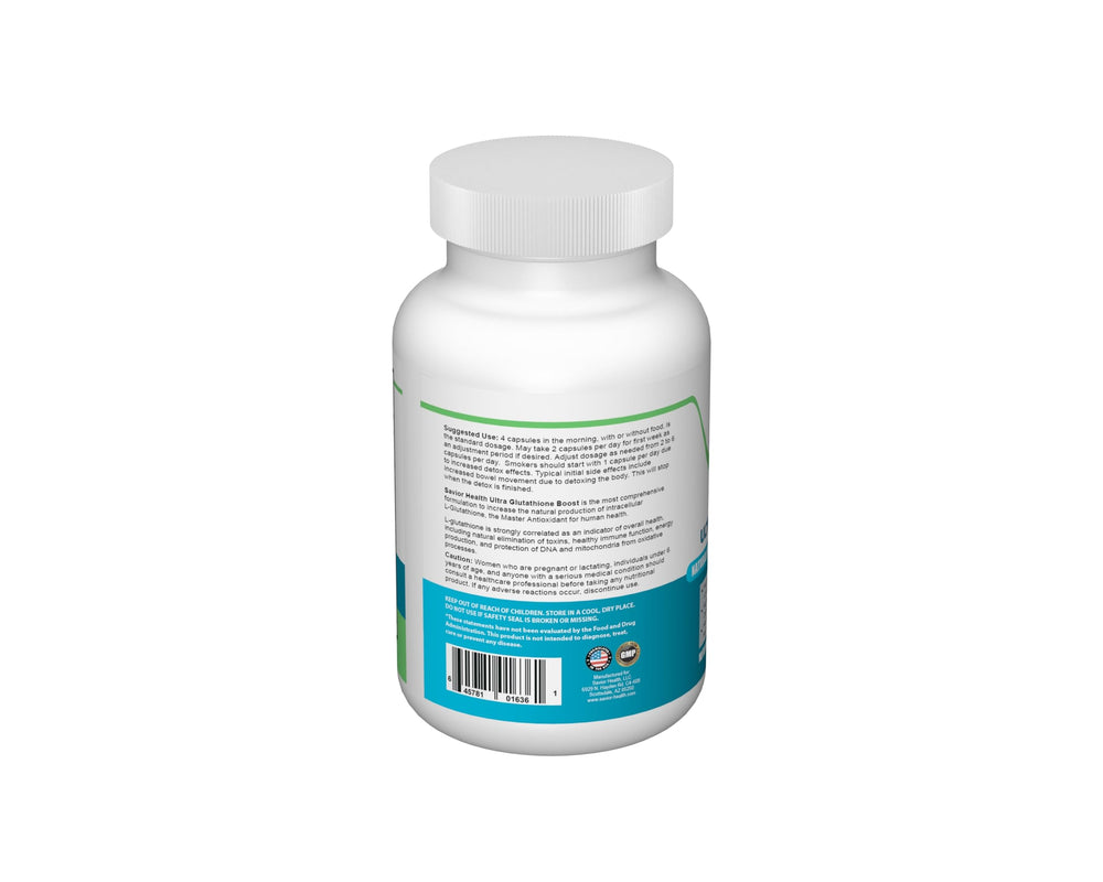 Savior Health Ultra Glutathione Boost label details highlighting vegan and gluten-free.
