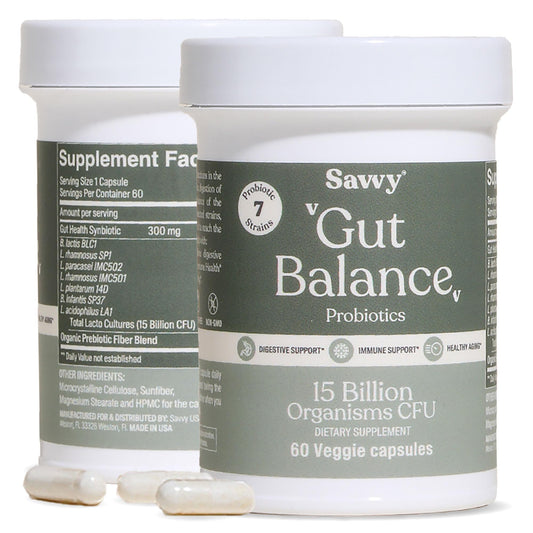SAVVY Gut Balance probiotic bottle ready for daily digestive support.