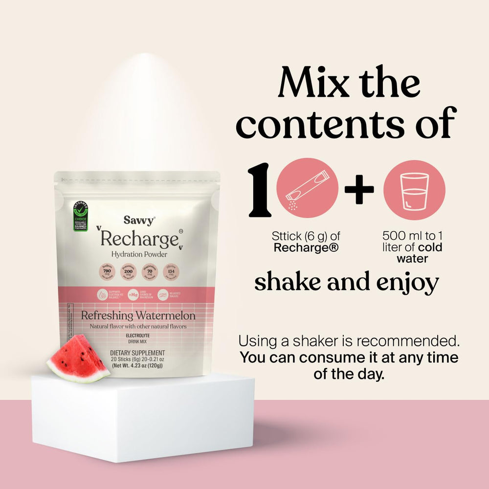 Savvy Recharge ingredient panel highlights electrolytes and glycine.