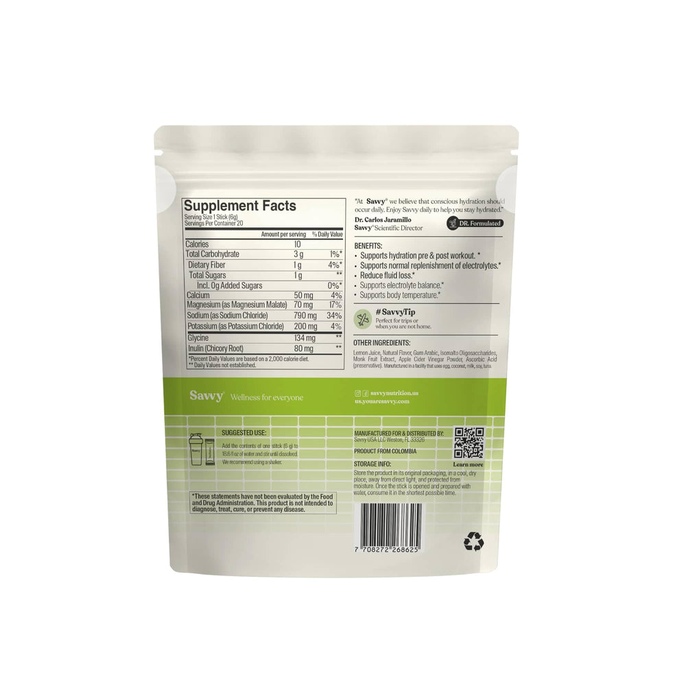 Savvy Recharge lemon sachet close-up highlighting a sugar-free option.