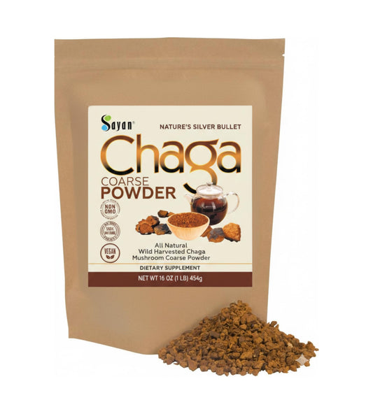 Sayan Siberian chaga powder 1lb bag with coarse texture for brewing antioxidant tea.