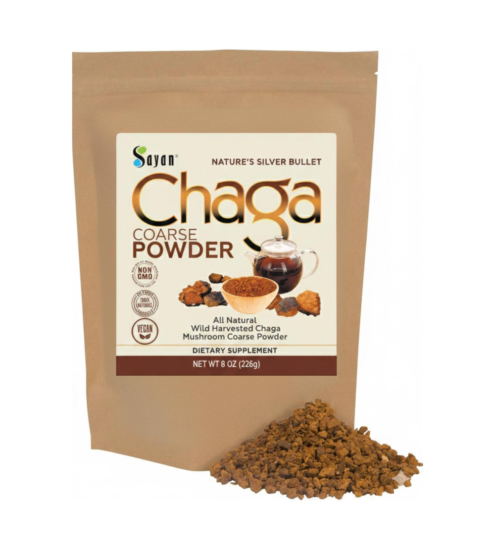 Sayan Siberian Chaga powder in a bag highlighting wild harvest and natural purity