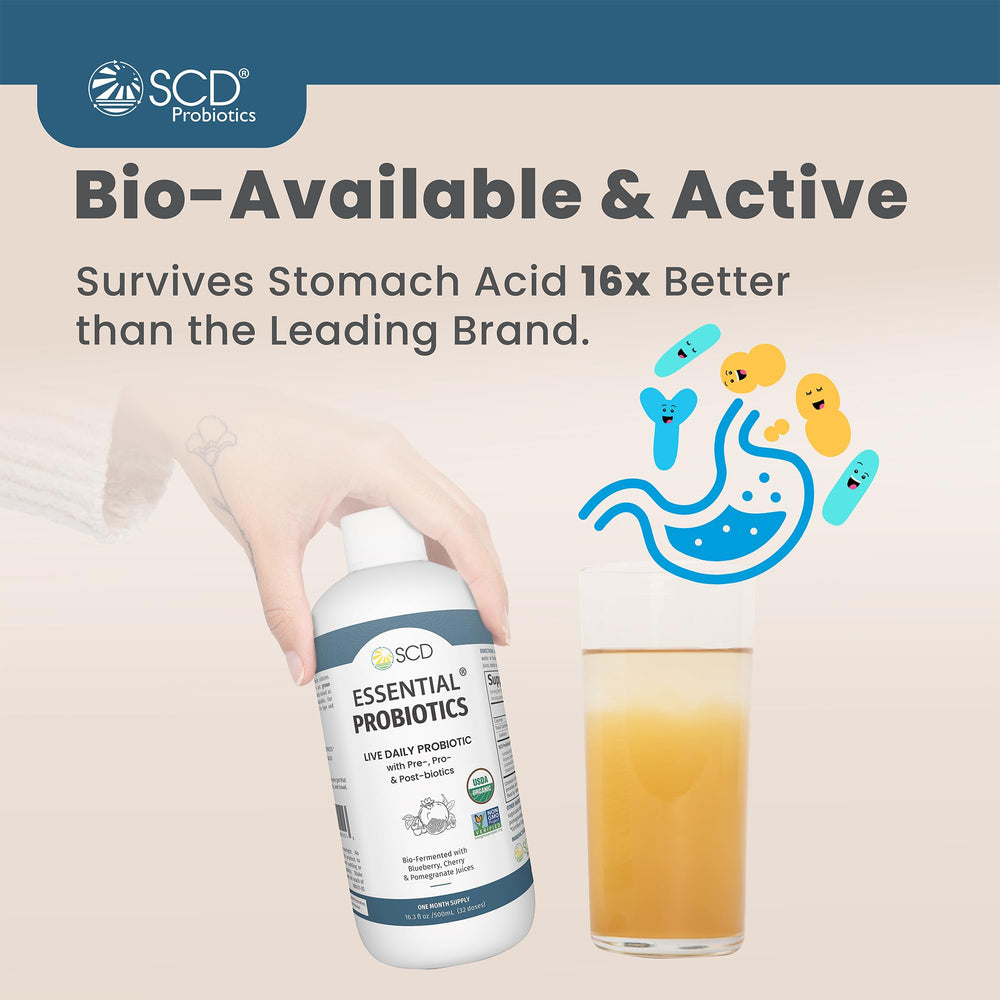 SCD Probiotics daily-use glass showing convenient at-home serving