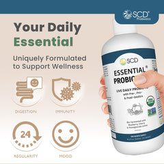 SCD Probiotics liquid bottle pour for easy daily dosing
