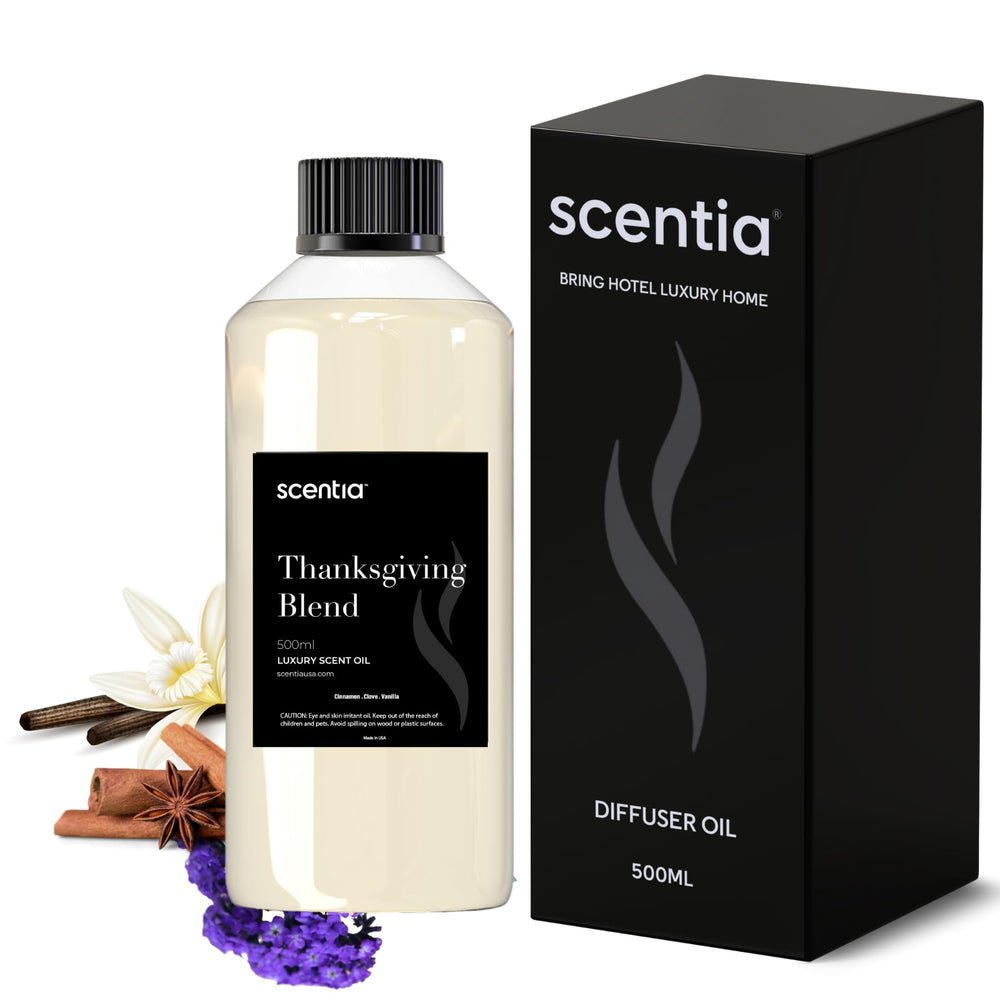 Scentia Thanksgiving Blend 500ml bottle displaying warm cinnamon and vanilla aroma for home use