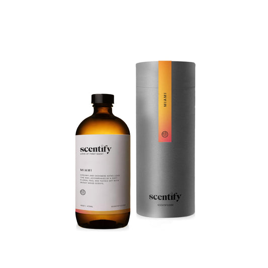 Scentify Miami diffuser oil bottle ready for use in a diffuser to create a calming home ambiance.