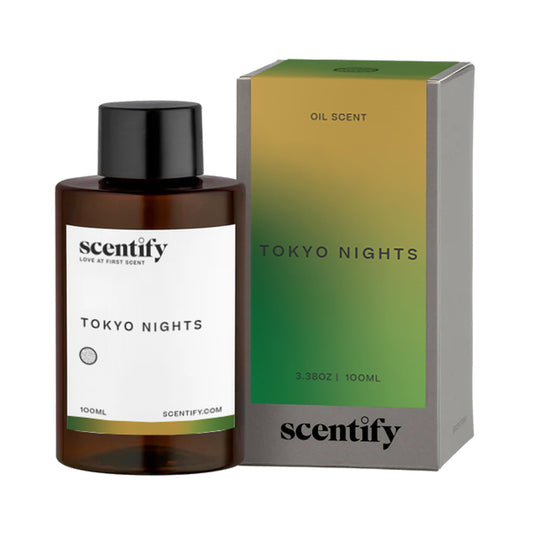 Scentify Tokyo Nights bottle pour enhances ambience with bergamot, grapefruit, and sandalwood aroma.