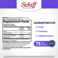 Schiff glucosamine bottle back view showing convenient two-tablet serving.