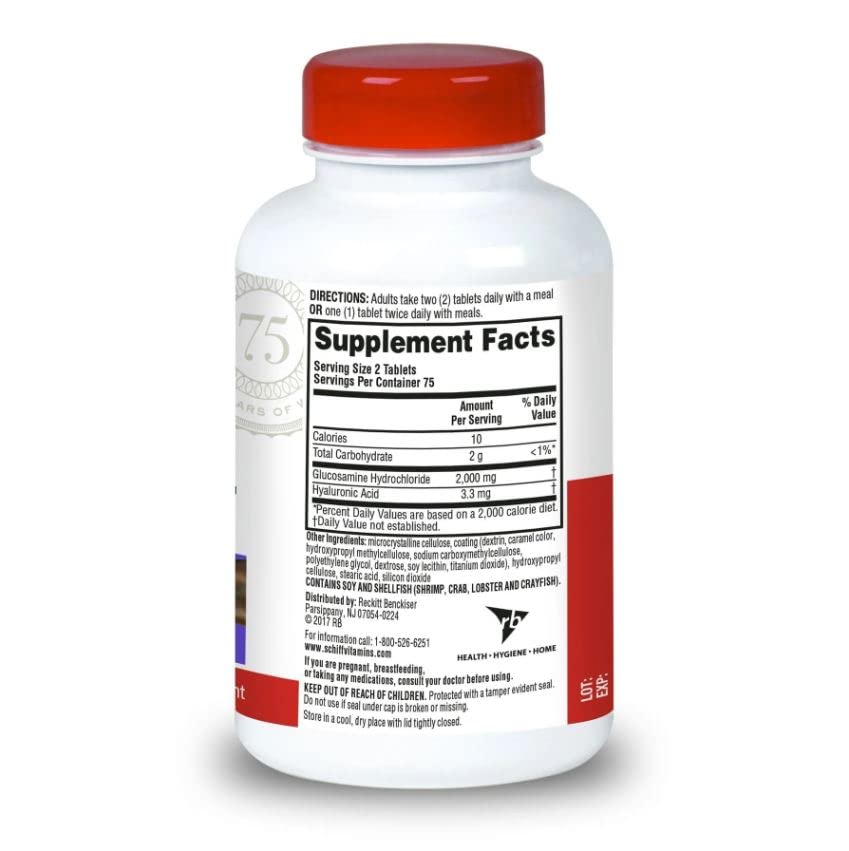 Schiff glucosamine label detailing glucosamine and hyaluronic acid contents.