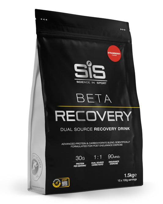 Science in Sport BETA Recovery bottle shows dual-carb blend for post-exercise refuel.