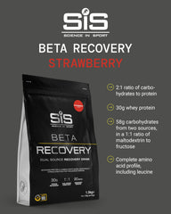 Scoop of Science in Sport BETA Recovery highlights 56g carbs and 30g whey protein.