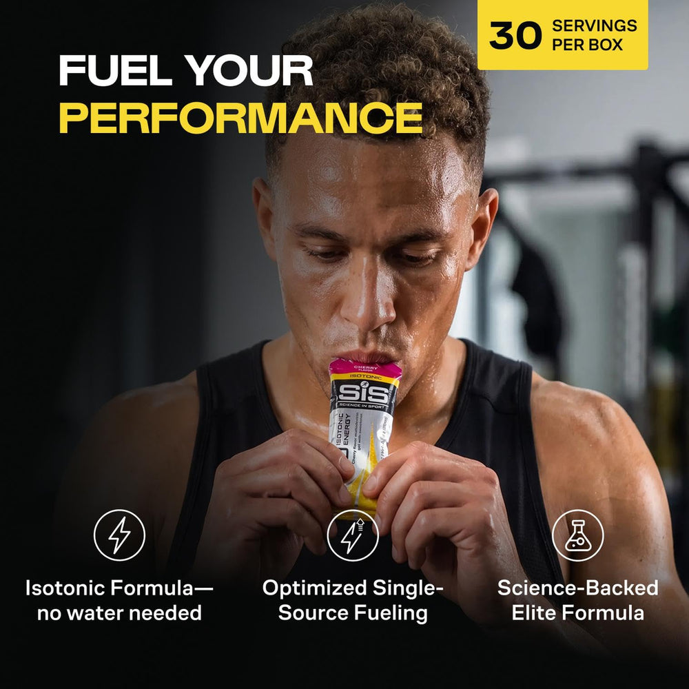 Science in Sport GO isotonic apple gel sachet opened, ready to fuel sessions.