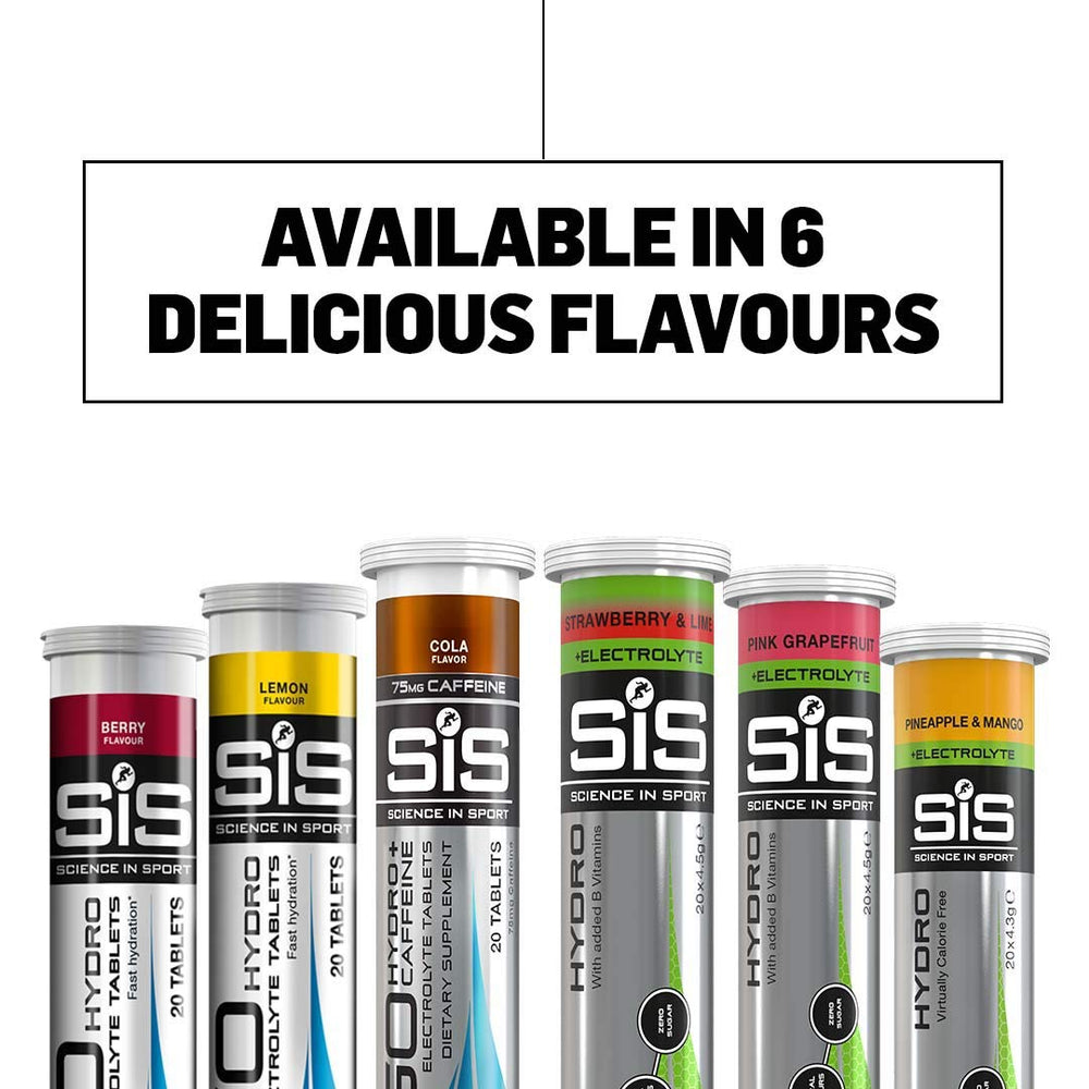 Science in Sport Hydro Electrolyte Tablets produce effervescent bubbles for a refreshing sip.