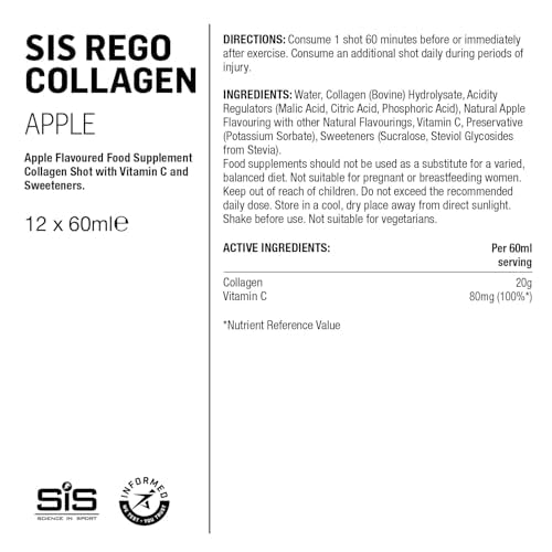 Science in Sport REGO Collagen Shot Apple packaging shows portable design for travel or gym.
