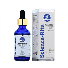 Science-Rite Nano drops bottle showcases fast-acting hemp solution.