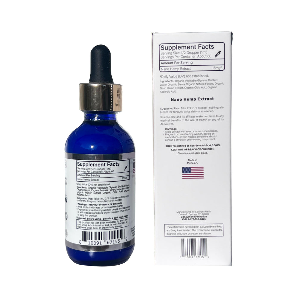 Science-Rite Nano Water-Soluble Hemp drops packaging box with product details
