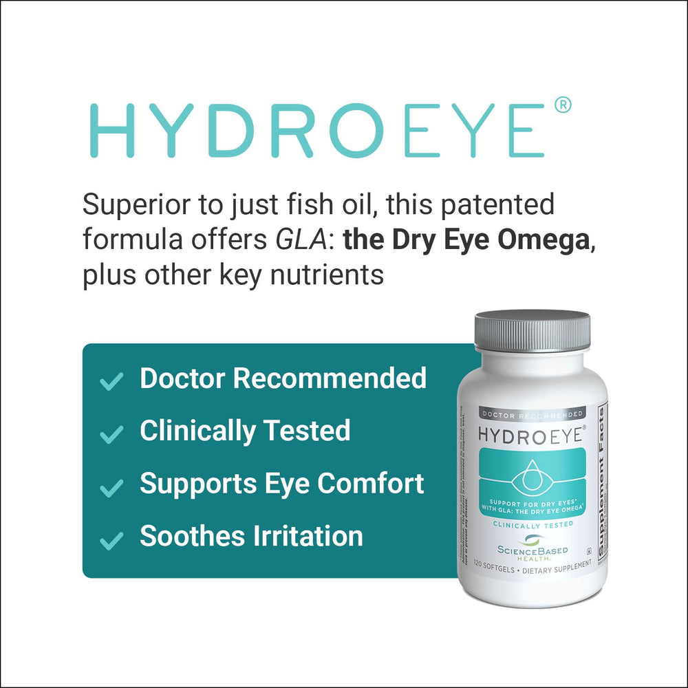 ScienceBased Health HydroEye softgels in hand shows portable daily eye support.