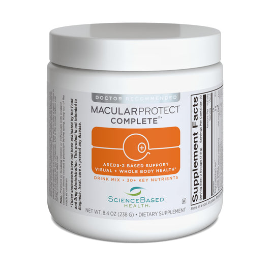 ScienceBased Health MacularProtect Orange Drink Mix tub showing convenient eye health support