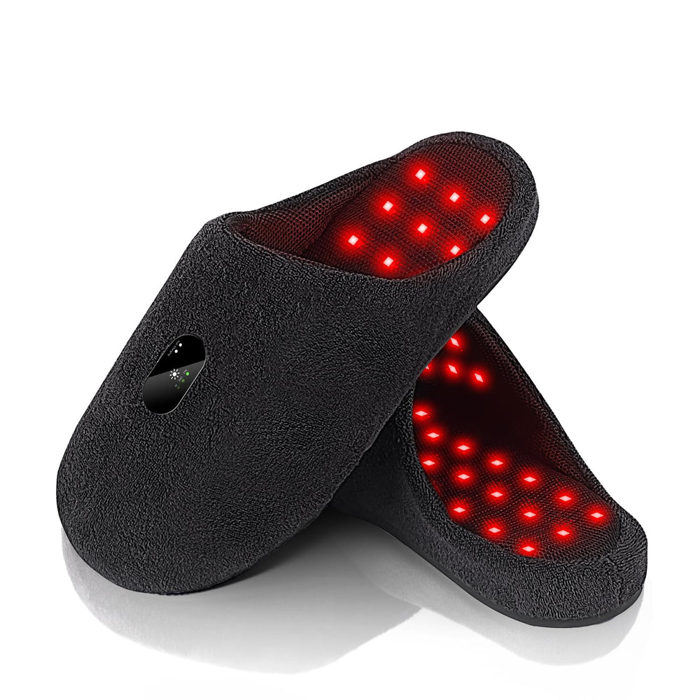 Scienlodic rechargeable red-light feet device in use for at-home warmth and comfort.