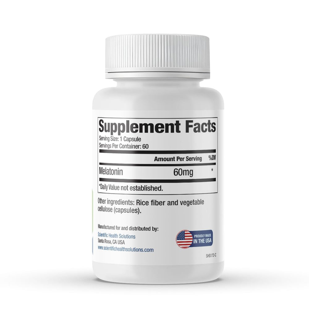 Scientific Health Solutions Melatonin made in USA label conveys quality and domestic production.