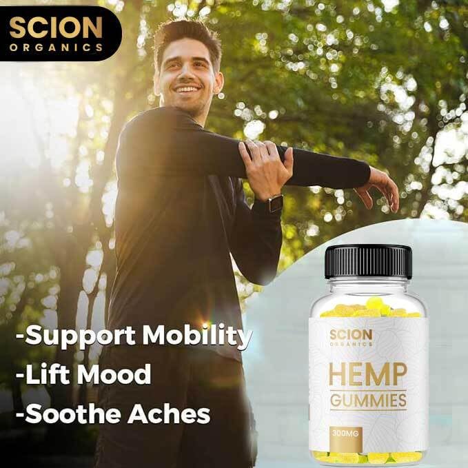Scion Organics hemp gummies raspberry bottle closeup — glossy finish and dosage info.