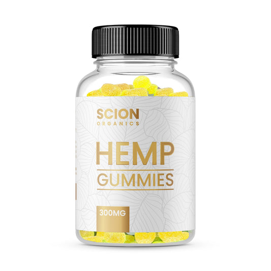 Scion Organics hemp gummies raspberry bottle — supports daily joint comfort.