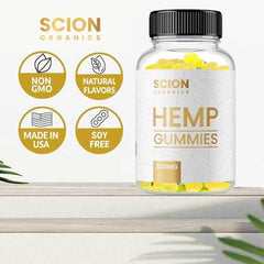 Scion Organics hemp gummies raspberry pack spread suggests multipack value.