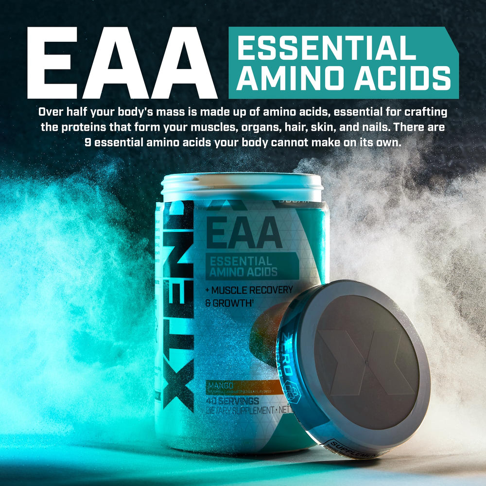 Front packaging of Scivation Xtend EAA shows sugar-free formula and 9 essential amino acids.