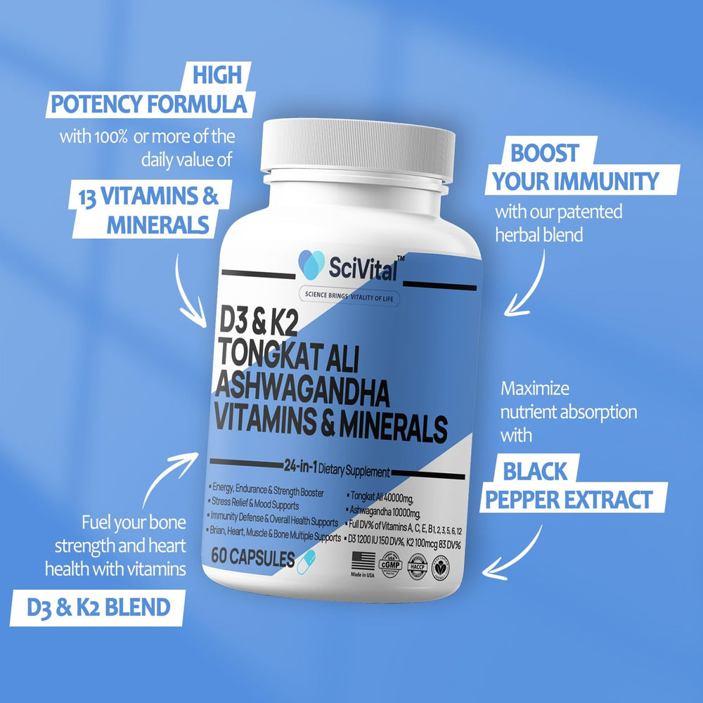 SciVital label shows D3 K2 multivitamin blend for men.