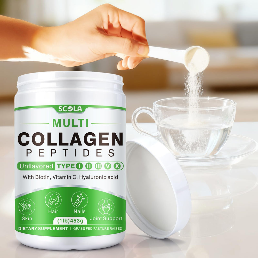 SCOLA collagen peptides stirred into coffee for a morning boost