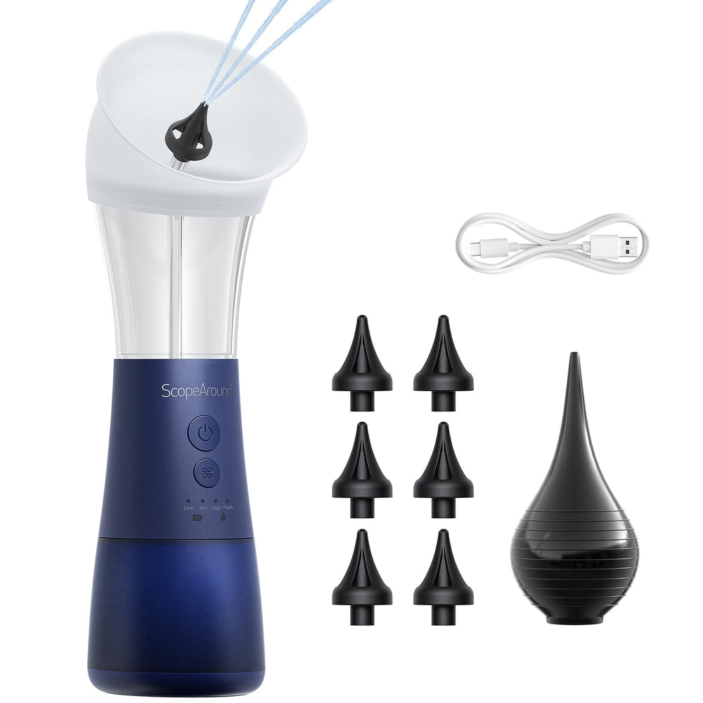 ScopeAround electric ear cleaner front view with dual compartments for clean and wastewater