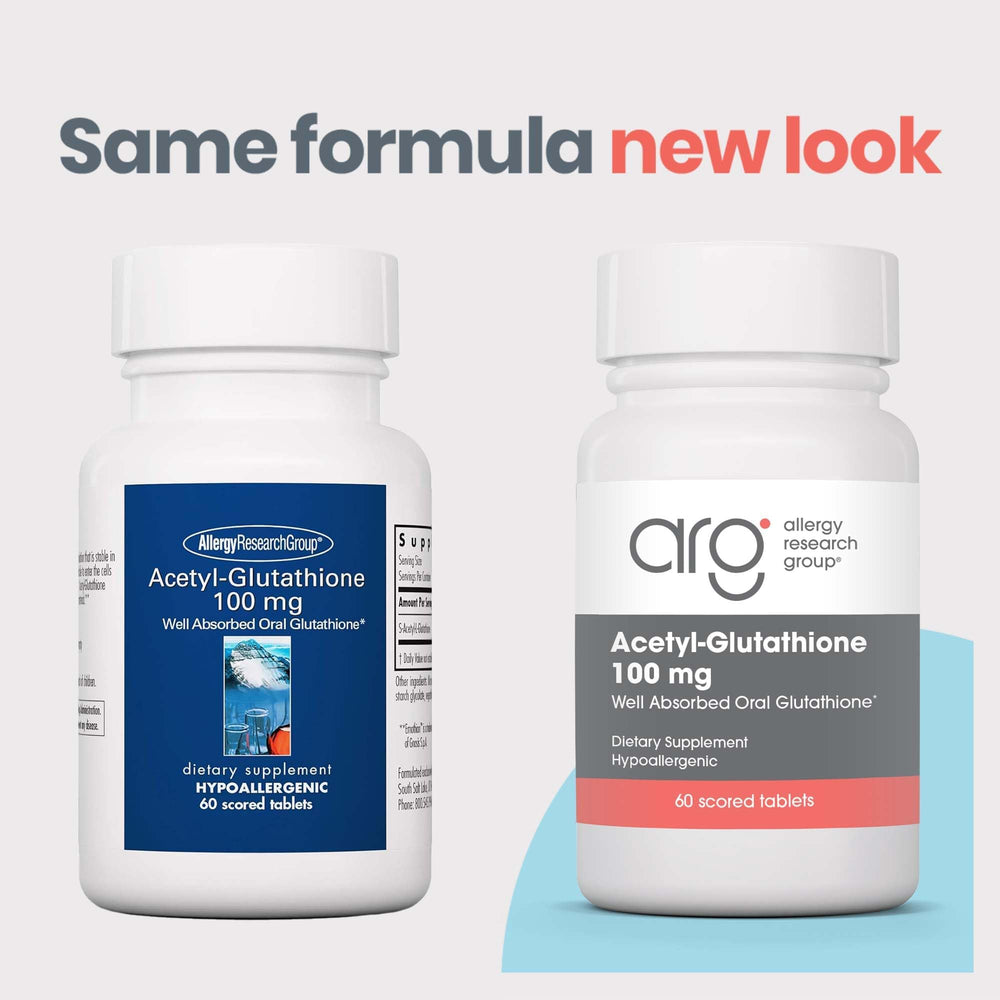 Bottle of Allergy Research Group acetyl-glutathione highlighting scored tablets for dosing.