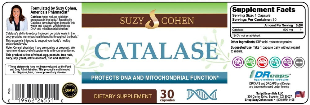 Script Essentials catalase capsules with a glass of water, inviting daily use.