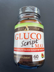 Script Essentials Gluco Script bottle back with nutrition facts and ingredients overview.