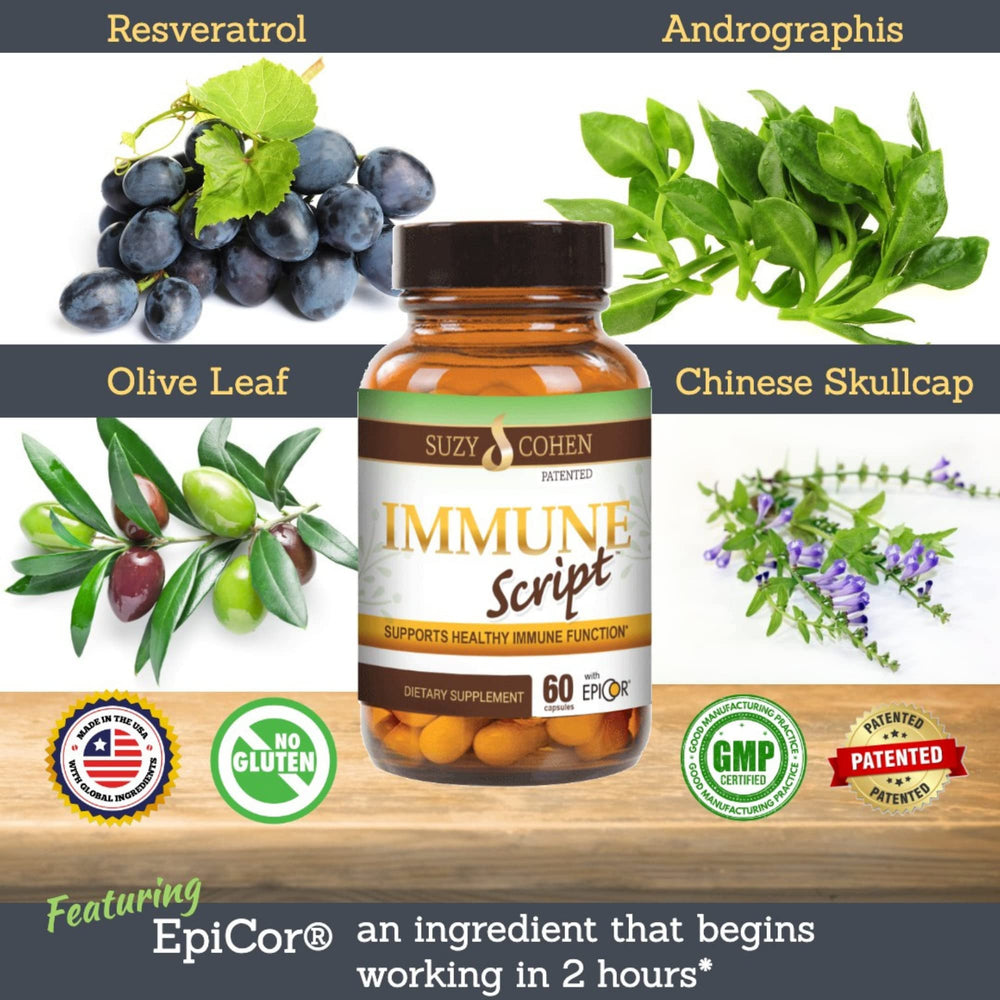 Script Essentials Immune Script label-front shows vegan, gluten-free formulation designed for natural immune support.