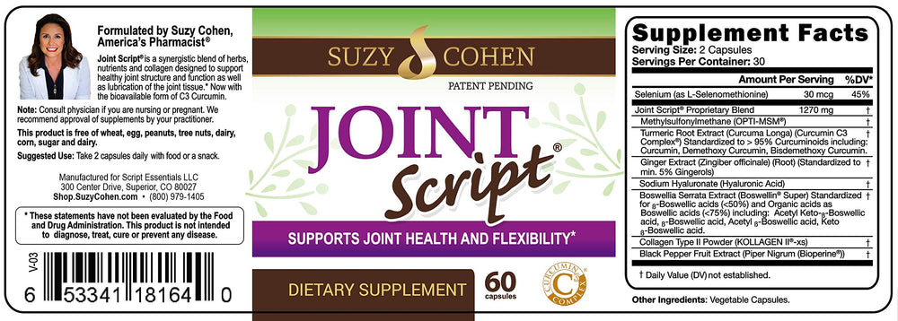 Script Essentials Suzy Cohen Joint Script product shot emphasizes transparency and routine use
