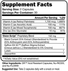 Script Essentials Vision Script capsules closeup showing lutein and zeaxanthin for macular nourishment.