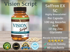 Script Essentials Vision Script label illustration emphasizing the comprehensive eye nutrient blend for overall eye support.