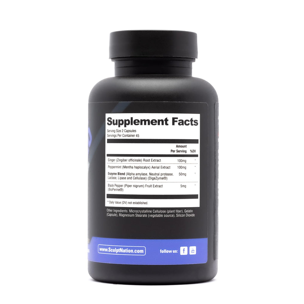 Sculpt Nation bottle on kitchen counter suggesting easy, daily use for digestion support.