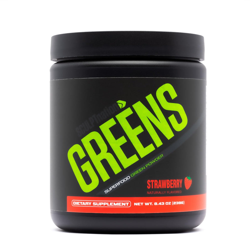 Sculpt Nation Greens Strawberry tub showing premium greens for daily energy support