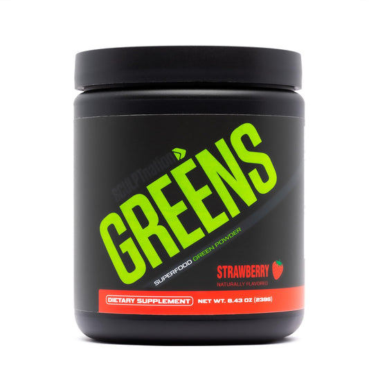 Sculpt Nation Greens Strawberry tub showing premium greens for daily energy support