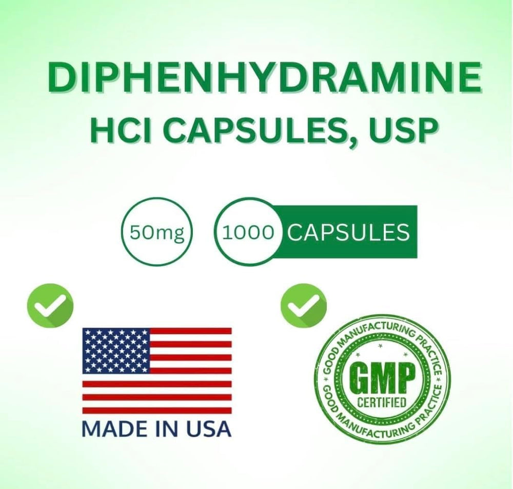 SDA Laboratories Diphenhydramine 50mg label detail with clear dosing information