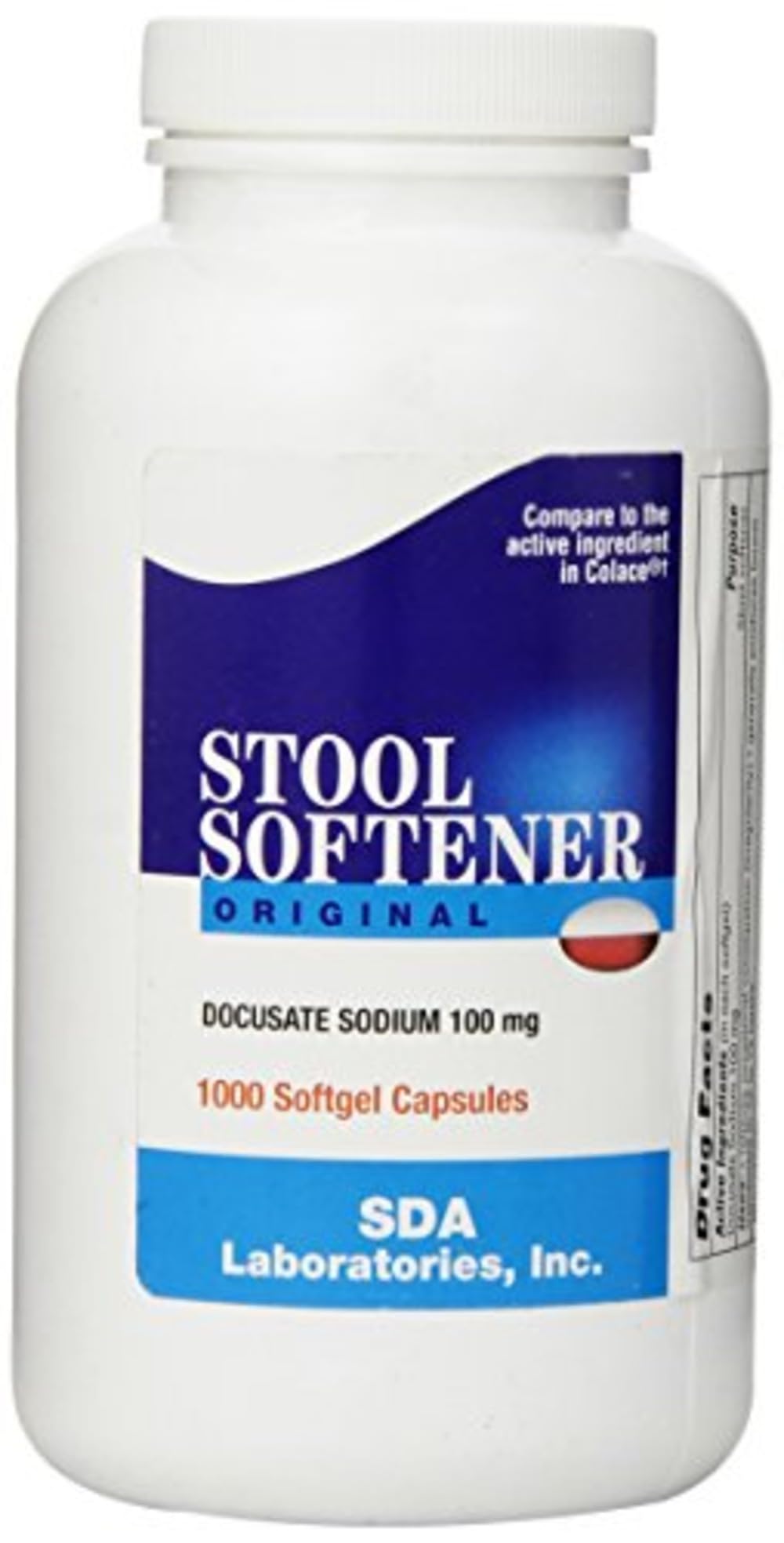 SDA Laboratories Docusate Sodium 100 mg softgels bottle for gentle, non-stimulant relief