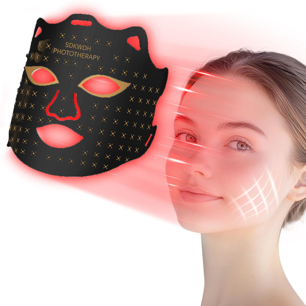 SDKWDH Red Light Mask on the face for at-home color therapy and skin routine.