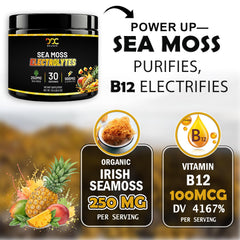 Sea Moss Electrolytes ingredients label highlighting vitamins and minerals.