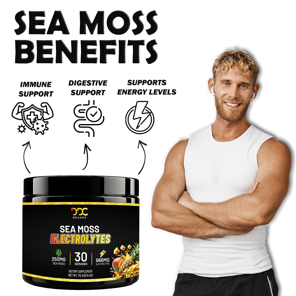 Sea Moss Electrolytes powder being dispensed into a glass for a tropical drink.
