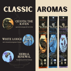 Sea Witch Botanicals Take-Flight Triad box open reveals three natural incense blends.