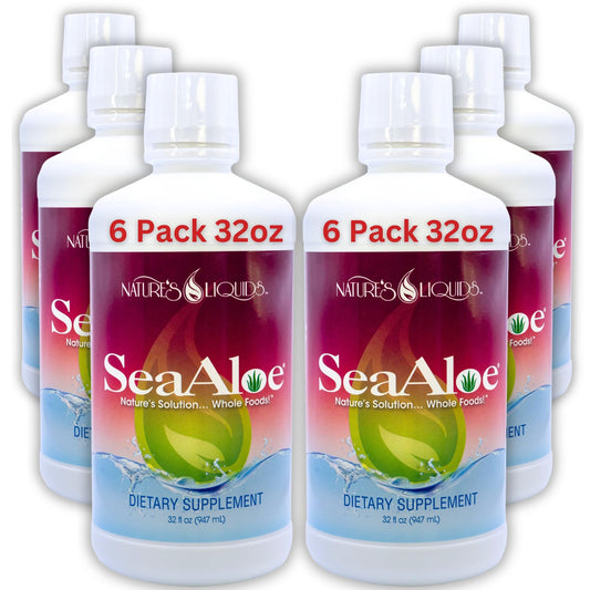 SeaAloe Nature's Liquids Aloe Vera Juice bottle pour highlights the oceanic blend for gentle digestion support.