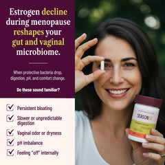 SEASON34 probiotic bottle label close-up highlights menopause-specific strains for vaginal balance.