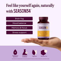 SEASON34 menopause mood memory bottle label highlights doctor-formulated cognitive support.